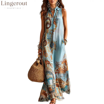 Vintage Baroque Print Sleeveless Maxi Shirt Dress