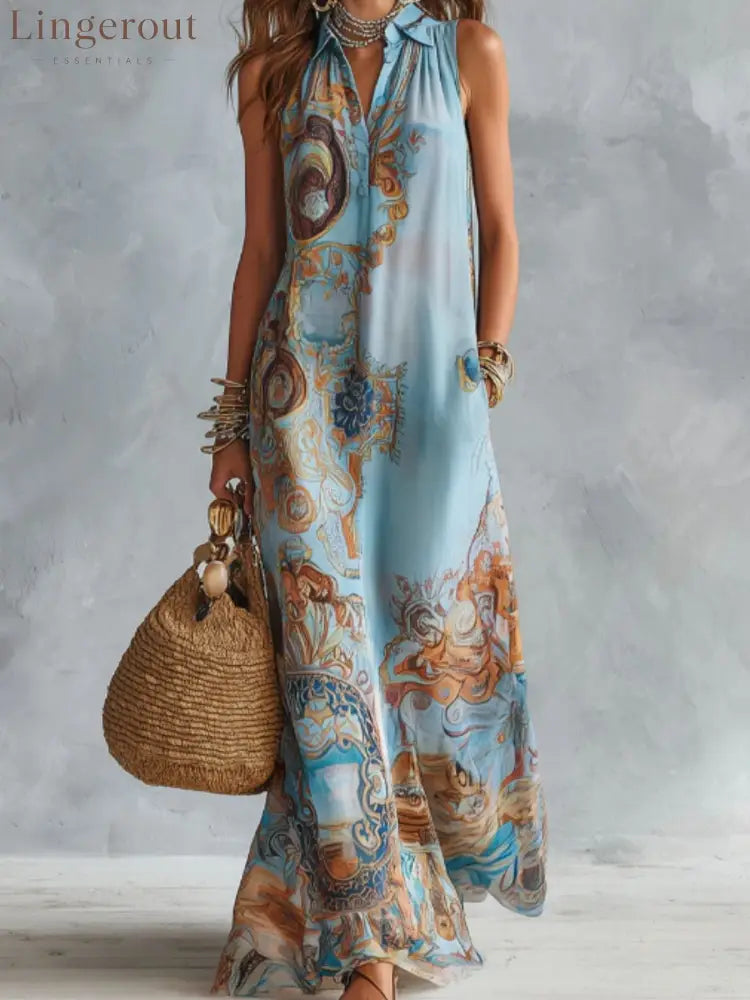 Vintage Baroque Print Sleeveless Maxi Shirt Dress - Blue / S