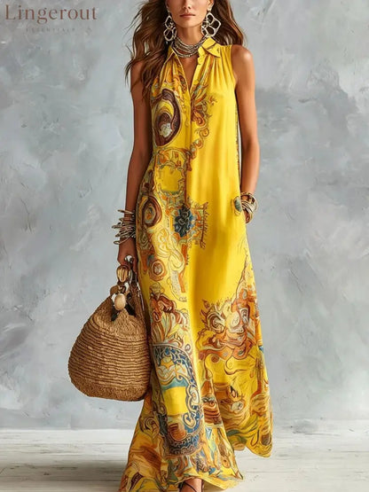 Vintage Baroque Print Sleeveless Maxi Shirt Dress - Yellow / S