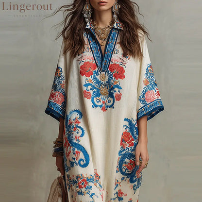 Vintage Blue Red Floral Print Linen Collar Half Placket Kaftan Midi Shirt Dress