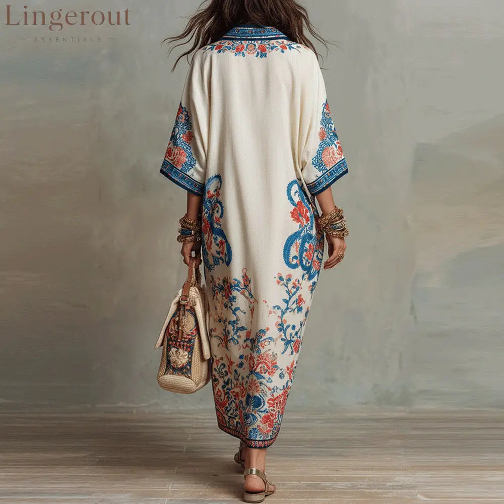 Vintage Blue Red Floral Print Linen Collar Half Placket Kaftan Midi Shirt Dress