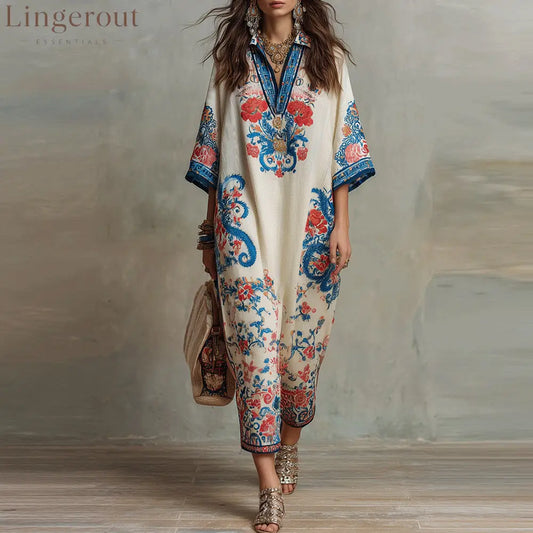 Vintage Blue Red Floral Print Linen Collar Half Placket Kaftan Midi Shirt Dress - Color / S