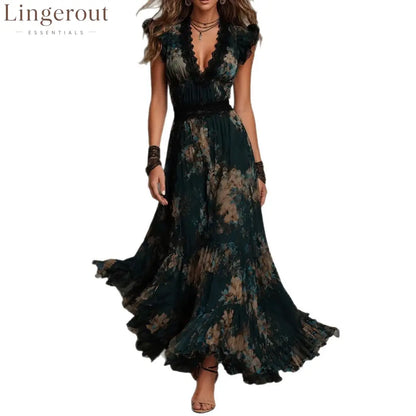 Vintage Boho Floral Maxi Dress V‑Neck Lace Flutter Sleeve Waist Ruffle Hem Long Dress