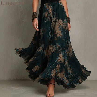 Vintage Boho Floral Maxi Dress V‑Neck Lace Flutter Sleeve Waist Ruffle Hem Long Dress