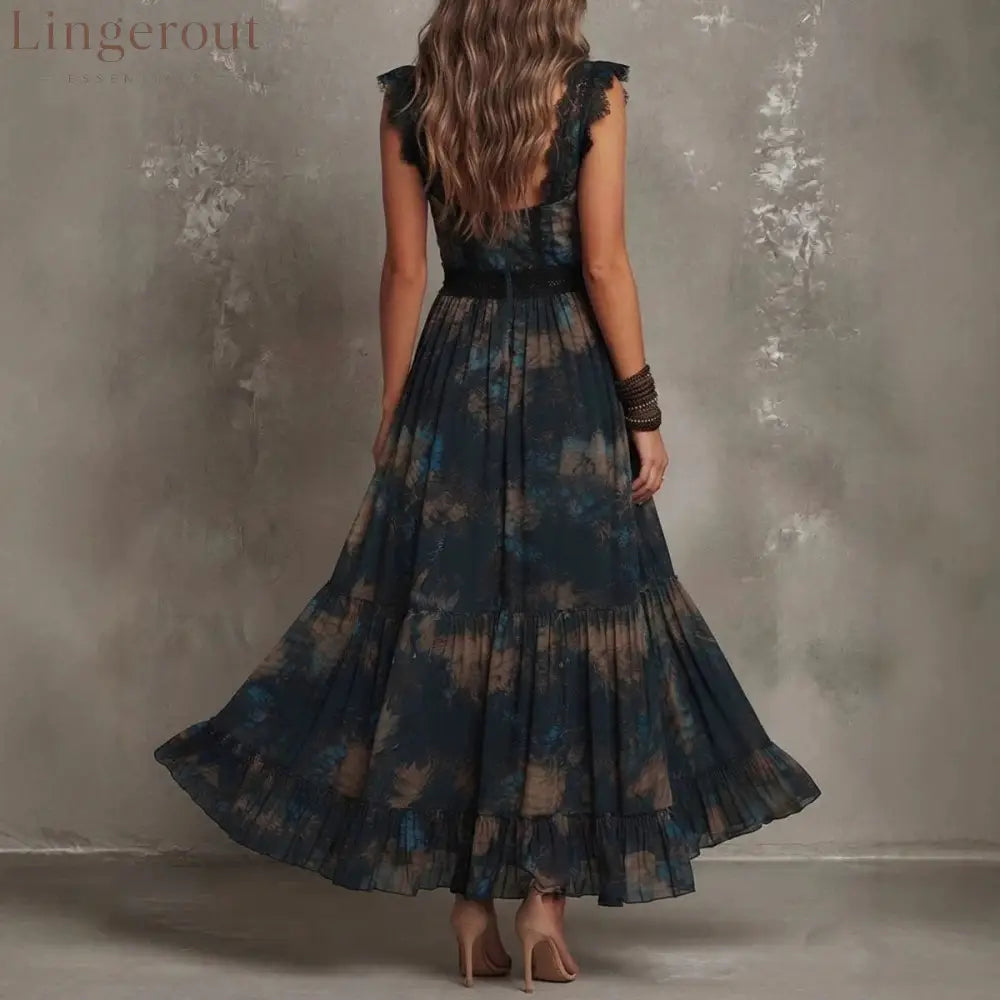 Vintage Boho Floral Maxi Dress V‑Neck Lace Flutter Sleeve Waist Ruffle Hem Long Dress