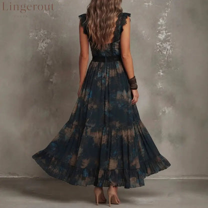 Vintage Boho Floral Maxi Dress V‑Neck Lace Flutter Sleeve Waist Ruffle Hem Long Dress