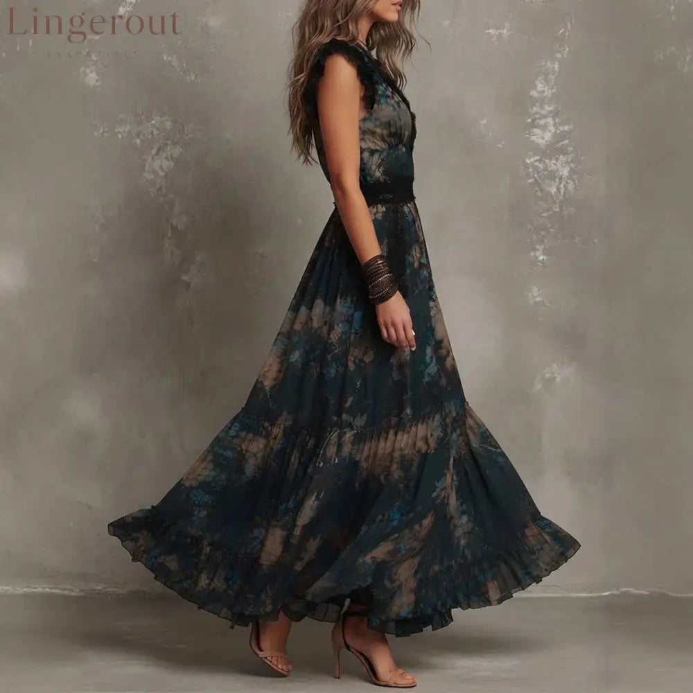 Vintage Boho Floral Maxi Dress V‑Neck Lace Flutter Sleeve Waist Ruffle Hem Long Dress