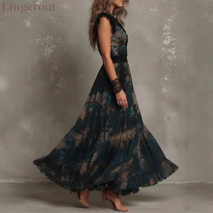Vintage Boho Floral Maxi Dress V‑Neck Lace Flutter Sleeve Waist Ruffle Hem Long Dress