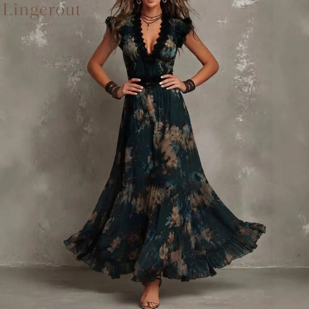 Vintage Boho Floral Maxi Dress V‑Neck Lace Flutter Sleeve Waist Ruffle Hem Long Dress