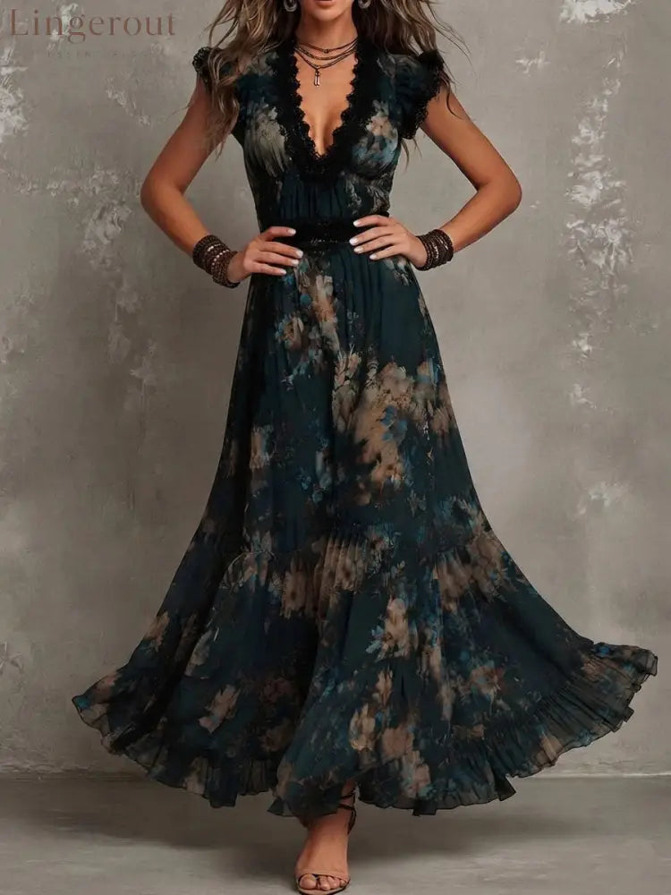 Vintage Boho Floral Maxi Dress V‑Neck Lace Flutter Sleeve Waist Ruffle Hem Long Dress - Navy Blue / XS