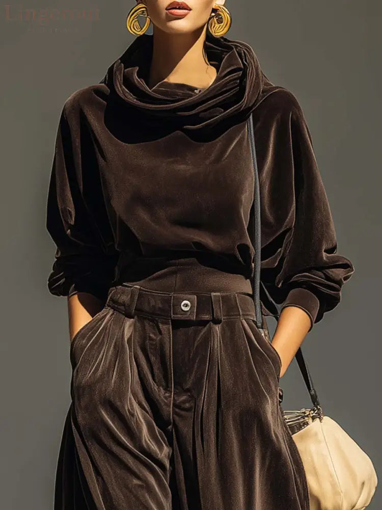 Vintage brown velvet hoodie and loose-fitting trousers set(Includes belt)