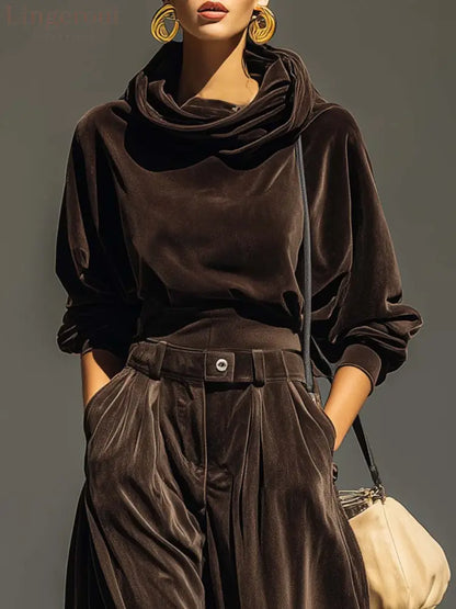 Vintage brown velvet hoodie and loose-fitting trousers set(Includes belt)