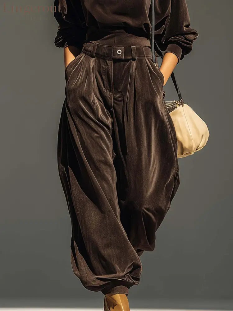 Vintage brown velvet hoodie and loose-fitting trousers set(Includes belt)