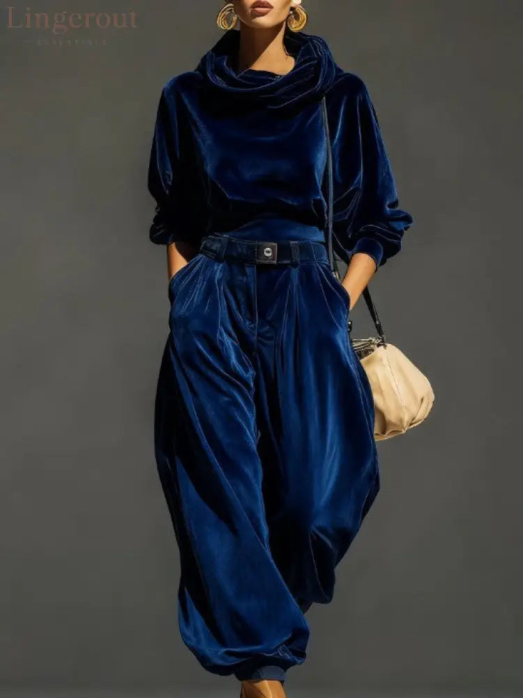 Vintage brown velvet hoodie and loose-fitting trousers set(Includes belt) - Blue / S
