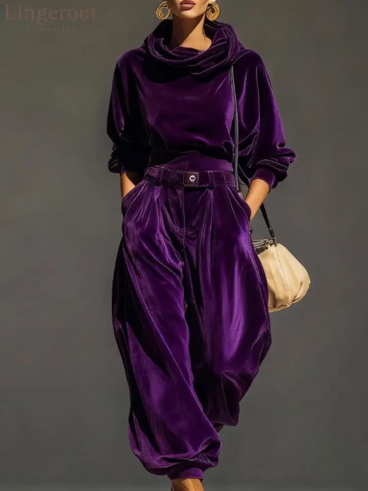 Vintage brown velvet hoodie and loose-fitting trousers set(Includes belt) - Purple / S
