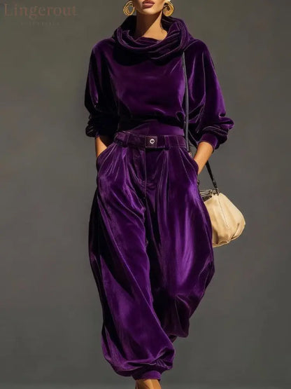 Vintage brown velvet hoodie and loose-fitting trousers set(Includes belt) - Purple / S