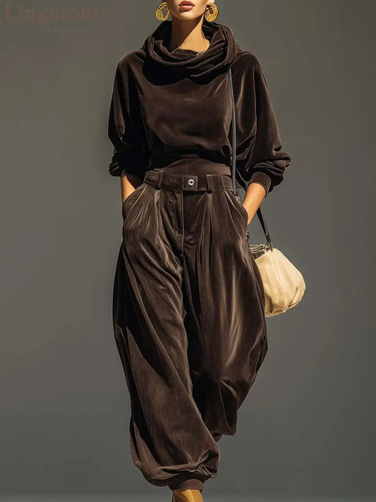 Vintage brown velvet hoodie and loose-fitting trousers set(Includes belt) - Brown / S