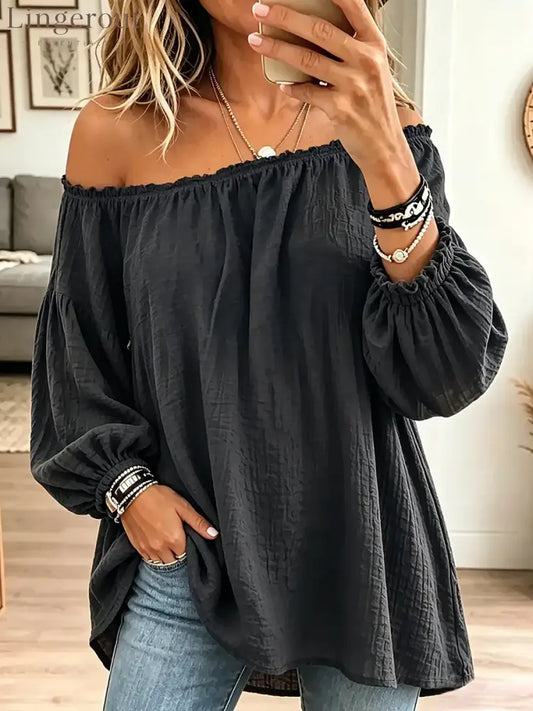 Vintage Elegant Off-the-shoulder Elasticated Pleated Cotton And Linen Solid Color Shirt - Black / S
