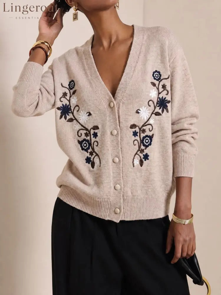 Vintage Embroidered Knit Cardigan - Apricot / S