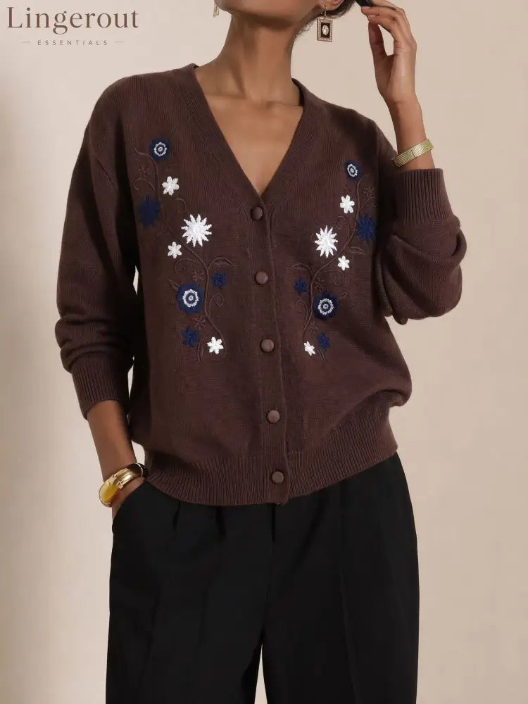 Vintage Embroidered Knit Cardigan - Dark brown / S