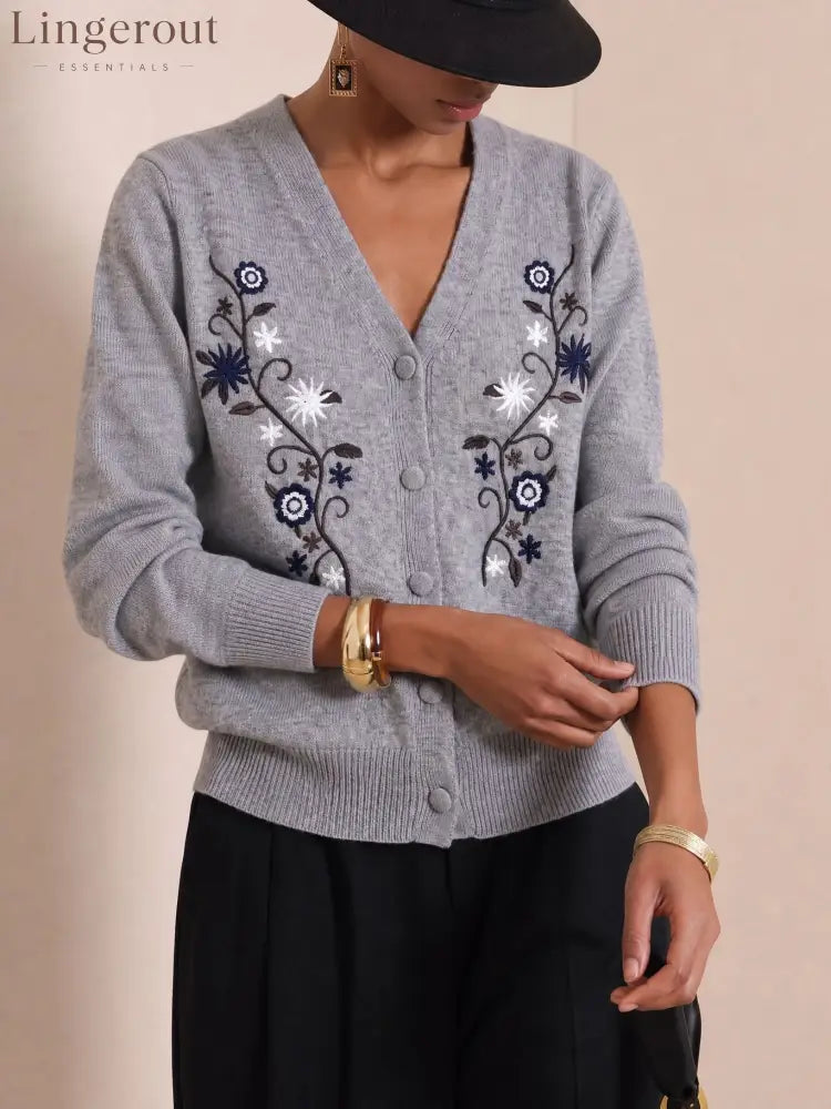 Vintage Embroidered Knit Cardigan - Light gray / S
