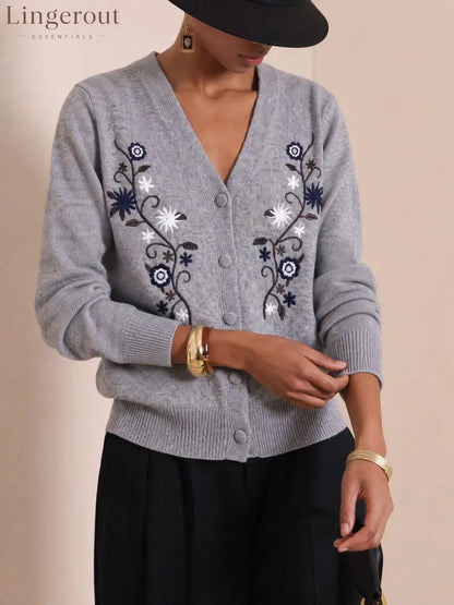 Vintage Embroidered Knit Cardigan - Light gray / S