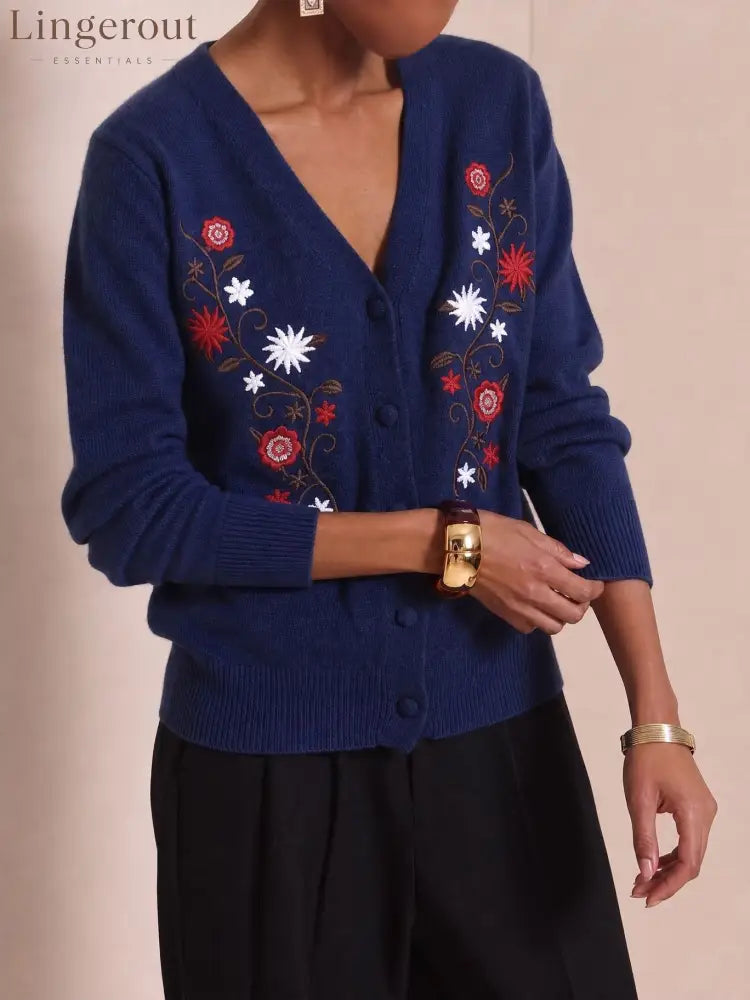 Vintage Embroidered Knit Cardigan - Navy blue / S