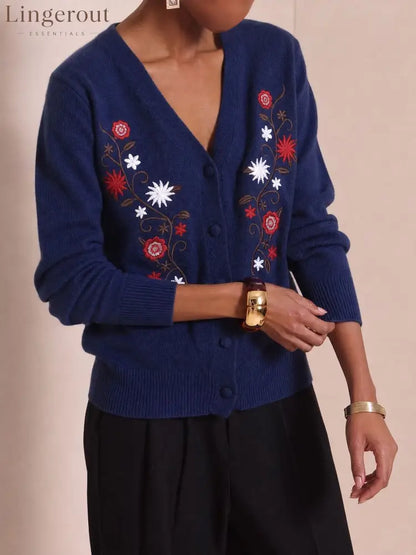 Vintage Embroidered Knit Cardigan - Navy blue / S