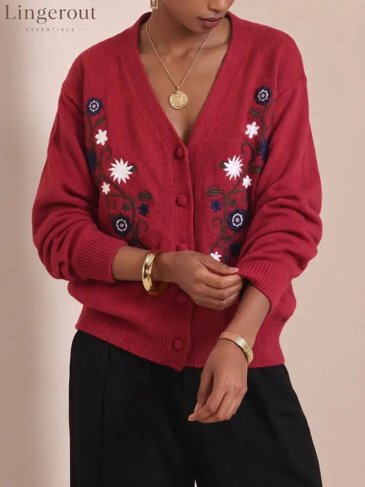 Vintage Embroidered Knit Cardigan - Red / S