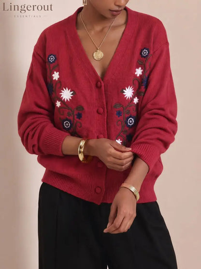Vintage Embroidered Knit Cardigan - Red / S