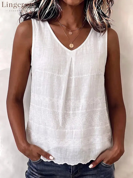 Vintage Floral Embroidered V-neck Cotton-linen Vest - White / M