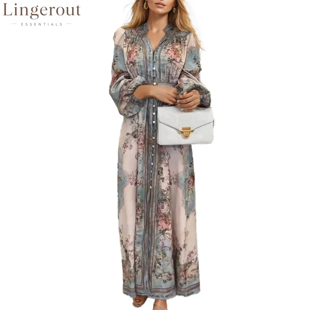 Vintage Floral Print Ruffled V‑Neck Button‑Front Maxi Dress