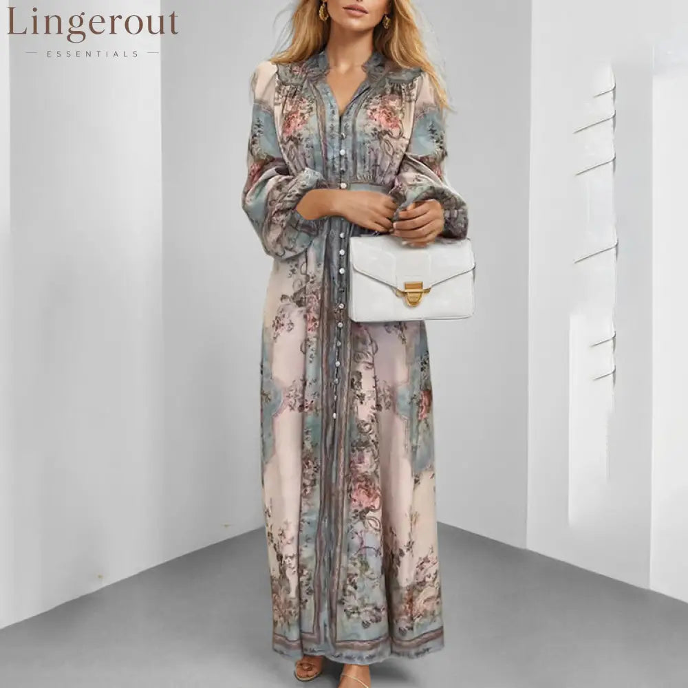 Vintage Floral Print Ruffled V‑Neck Button‑Front Maxi Dress