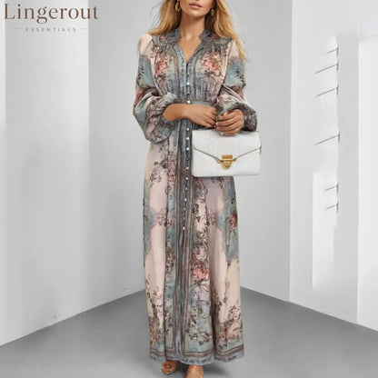Vintage Floral Print Ruffled V‑Neck Button‑Front Maxi Dress