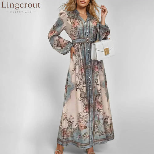 Vintage Floral Print Ruffled V‑Neck Button‑Front Maxi Dress - Picture color / S