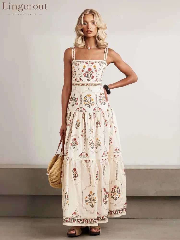Vintage Floral Tiered Maxi Dress | Square Neck Cami Sundress - White / S
