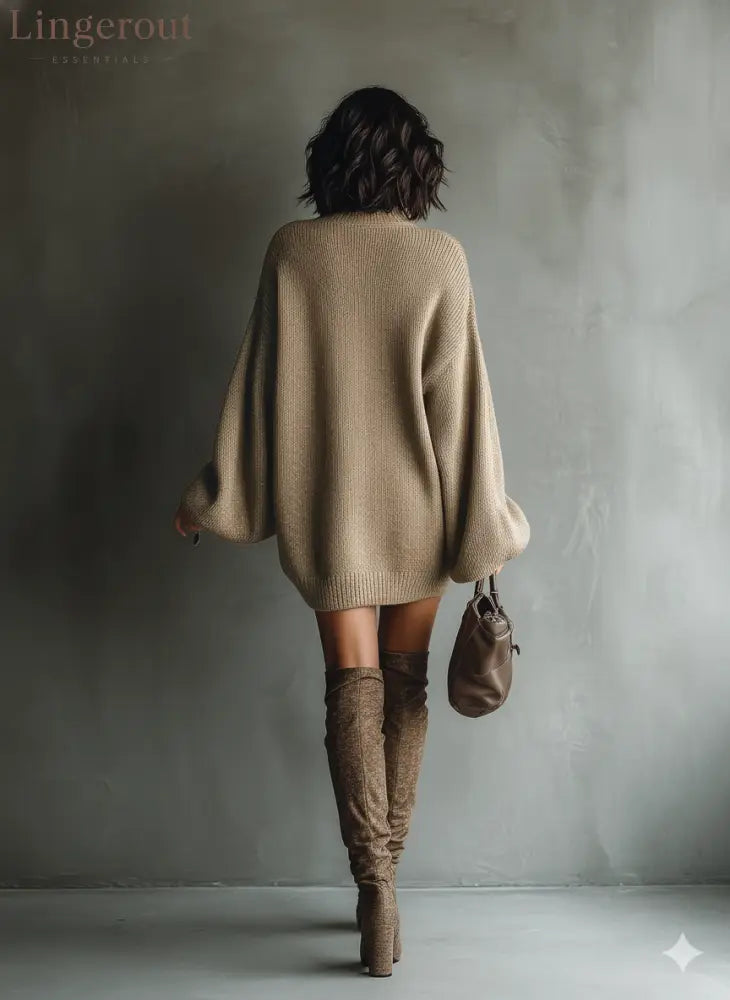 Vintage High Neck Knit Mini Sweater Dress - DRESSES
