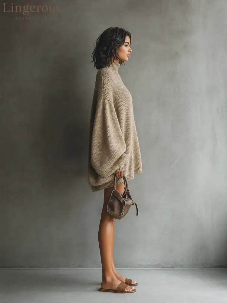 Vintage High Neck Knit Mini Sweater Dress - DRESSES