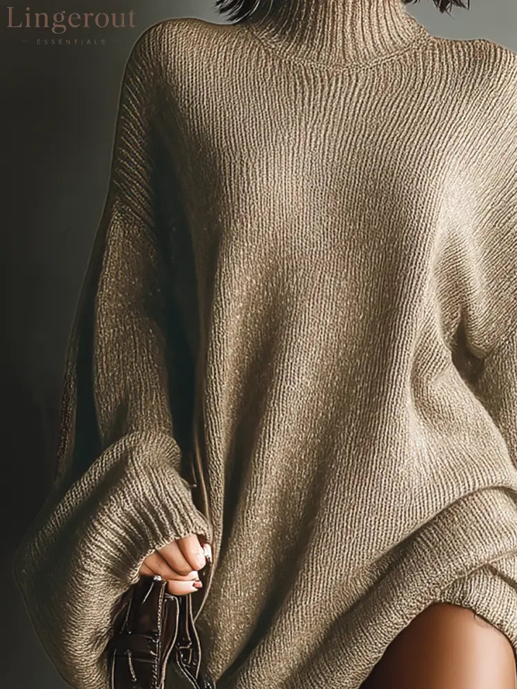 Vintage High Neck Knit Mini Sweater Dress - DRESSES