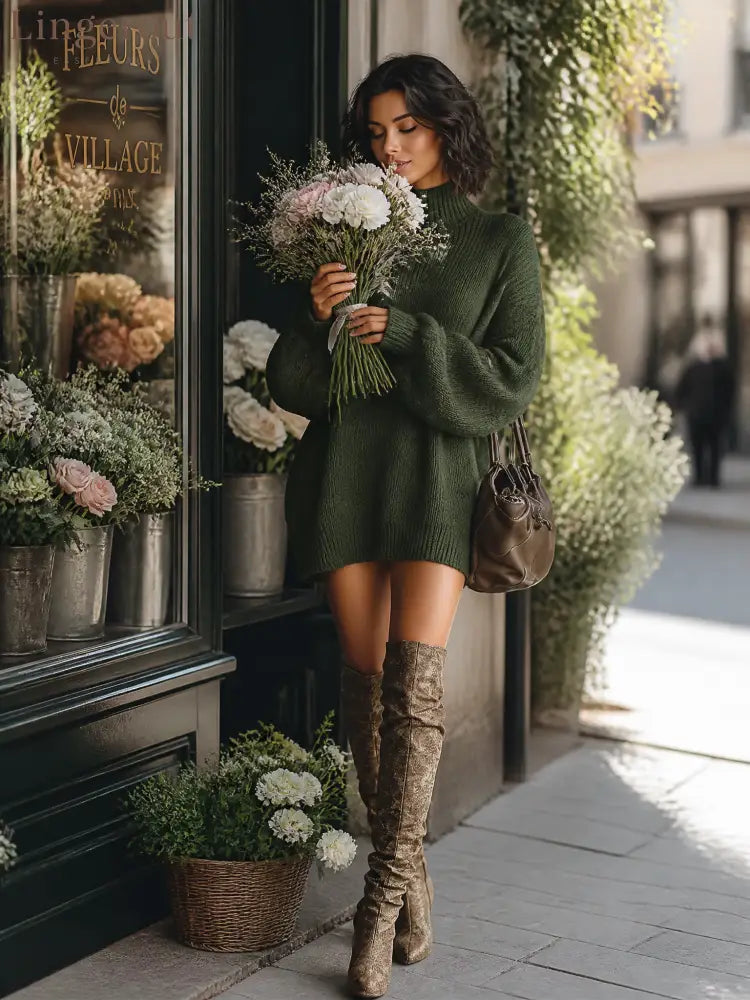 Vintage High Neck Knit Mini Sweater Dress - DRESSES