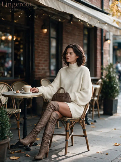 Vintage High Neck Knit Mini Sweater Dress - DRESSES