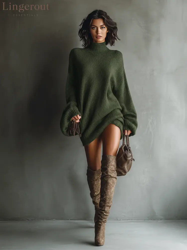 Vintage High Neck Knit Mini Sweater Dress - Military Green / XS - DRESSES