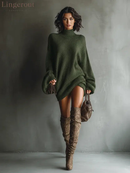 Vintage High Neck Knit Mini Sweater Dress - Military Green / XS - DRESSES