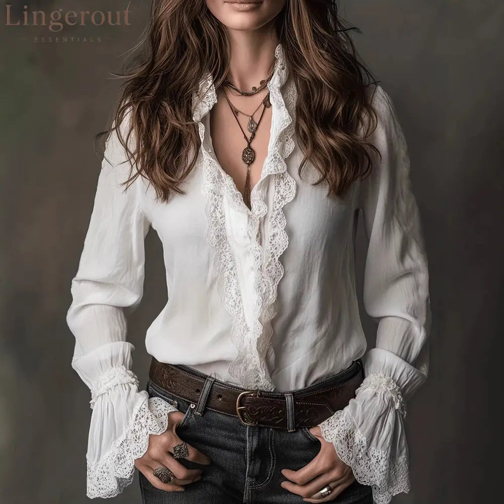European And American Lace Shirt Women’S Design Spring And Summer 2026 New Spliced Thin Shirt Long-Sleeved Temperament