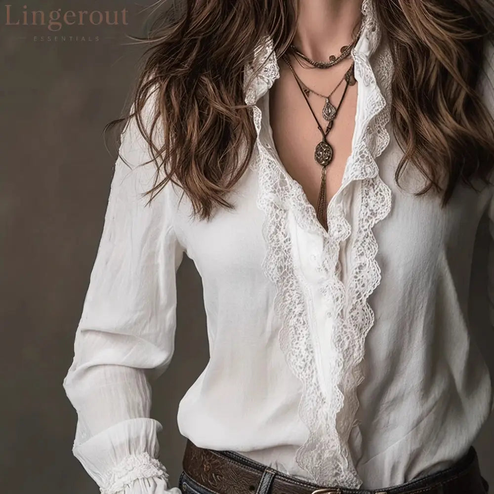 European And American Lace Shirt Women’S Design Spring And Summer 2026 New Spliced Thin Shirt Long-Sleeved Temperament
