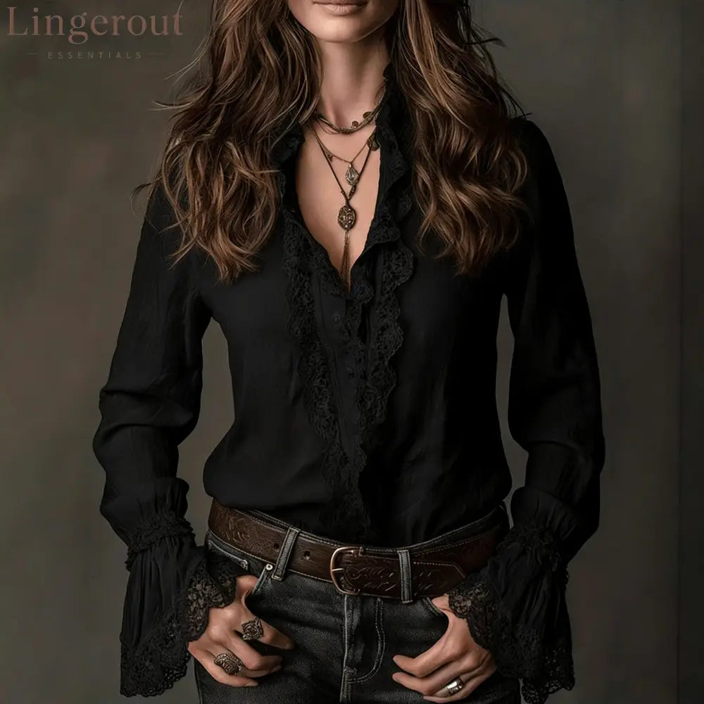 European And American Lace Shirt Women’S Design Spring And Summer 2026 New Spliced Thin Shirt Long-Sleeved Temperament
