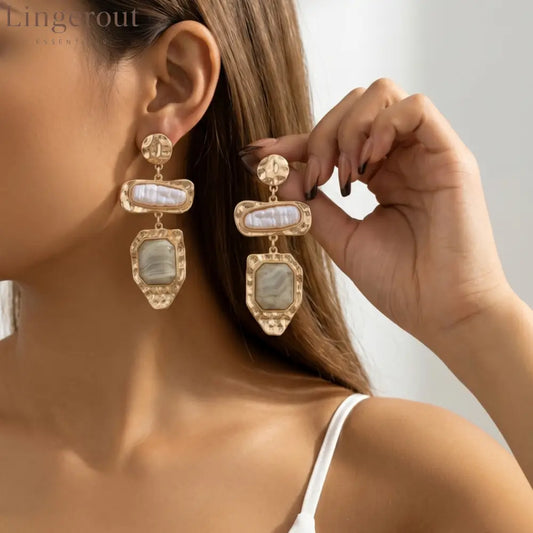 Vintage Layered Baroque Pearl Agate Drop Earrings 14K Gold Plated Textured Dangle Earrings for Women - EH5797
