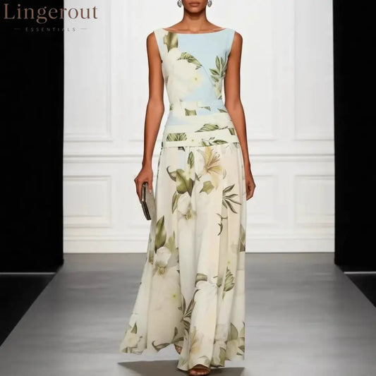 Vintage Lily Floral Color Block Maxi Gown