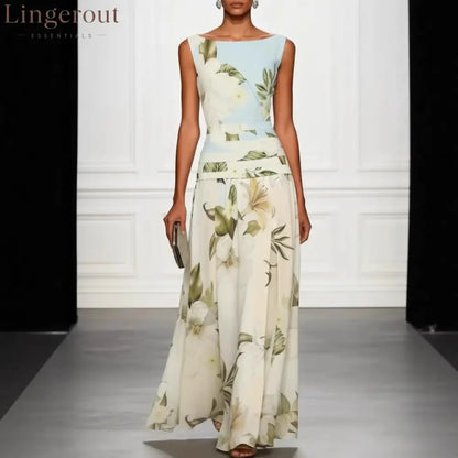 Vintage Lily Floral Color Block Maxi Gown