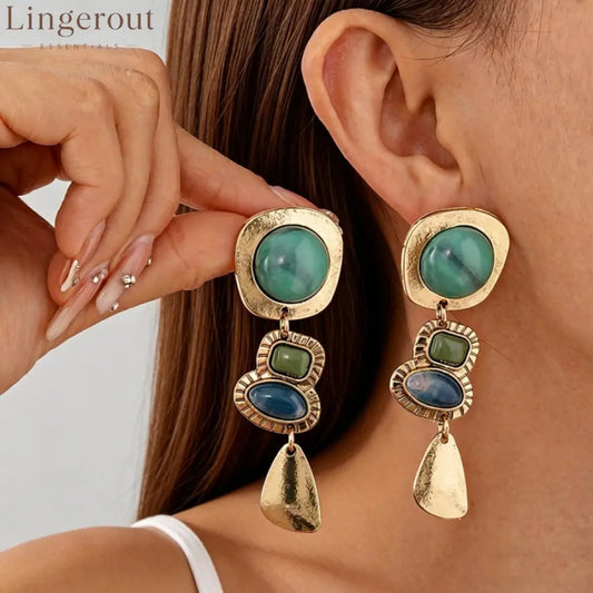 Vintage Multi-Colored Stone Tiered Drop Earrings Antique Gold Plated Boho Statement Dangle Earrings - EH5704